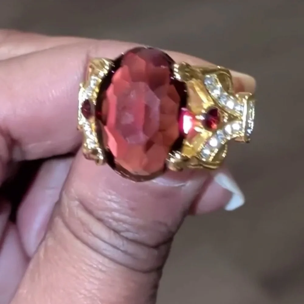 Elegant Gold Plated Cocktail Unisex Ring with Deep Red Gemstone Sz 13